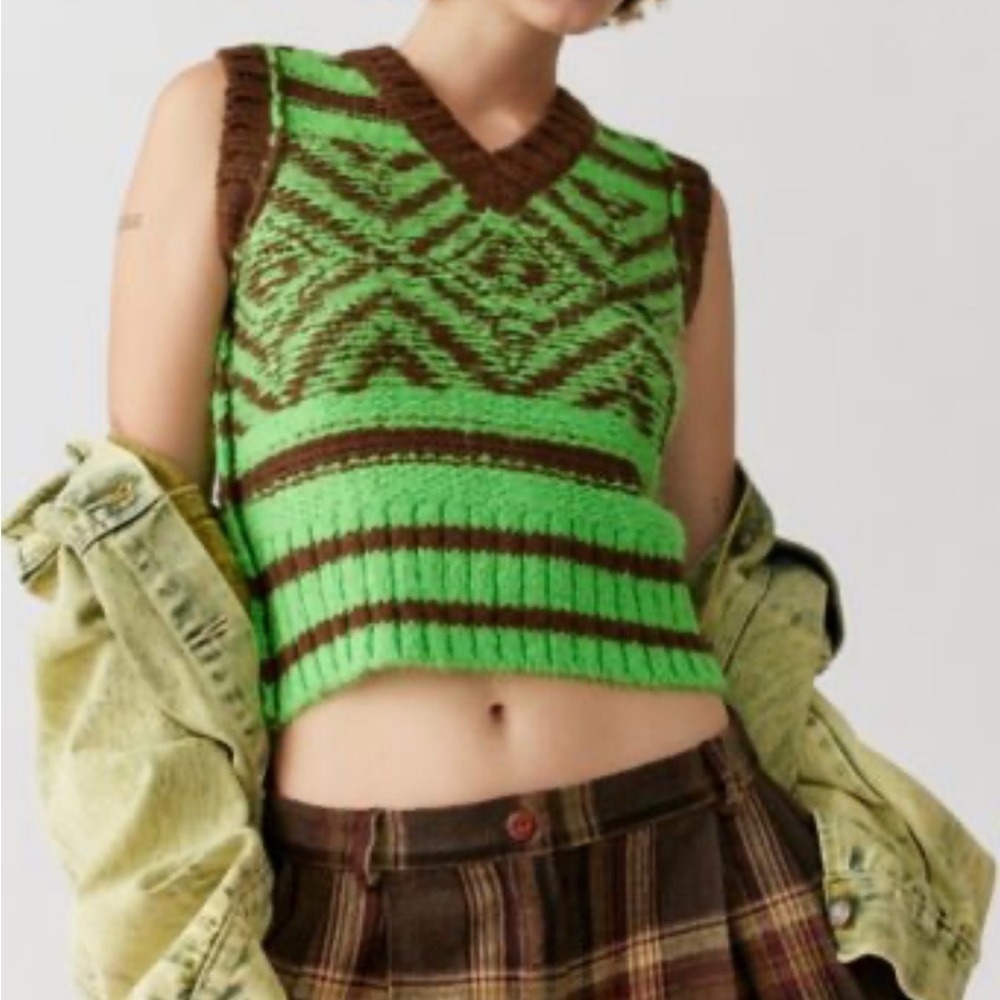 BDG JESSA SWEATER VEST GREEN & BROWN ADORABLE RETRO STYLE URBAN OUTFITTERS NWT - Picture 3 of 3